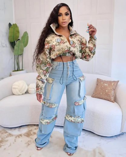 BWQ Washed Denim Women's Set Full Sleeve Floral Jacket and Pockets Cargo Jeans Pants Suit 2025 Street Two 2 Piece Set Outfit