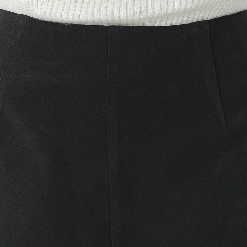 VOA Black 45 Momme Heavyweight Silk Natural Waist Trousers Asymmetrical Ruffle Office Ladies Straight Suit Wide Leg Pants KE797 Badiee Stylez