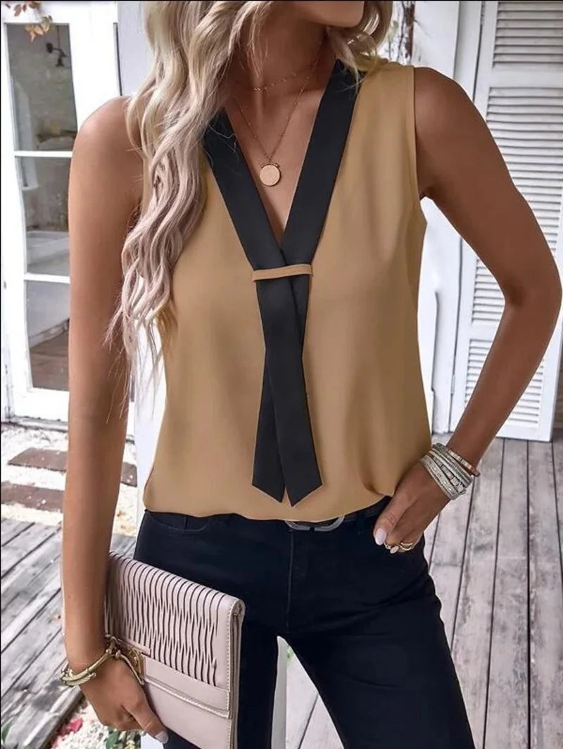 Fashion Sleeveless V-neck Tank Top Women Solid Casual Blouse Shirt 2023 Summer Elegant Office Womens Tops And Blouses