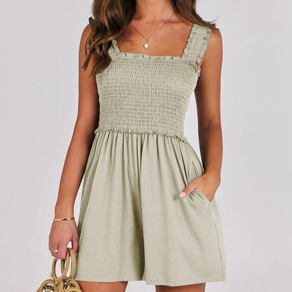 Summer Square Neck Sleeveless Shorts Rompers Casual Beach Elastic Tank Tops Jumpsuit Clothes For Women With Pockets Shorts Khaki