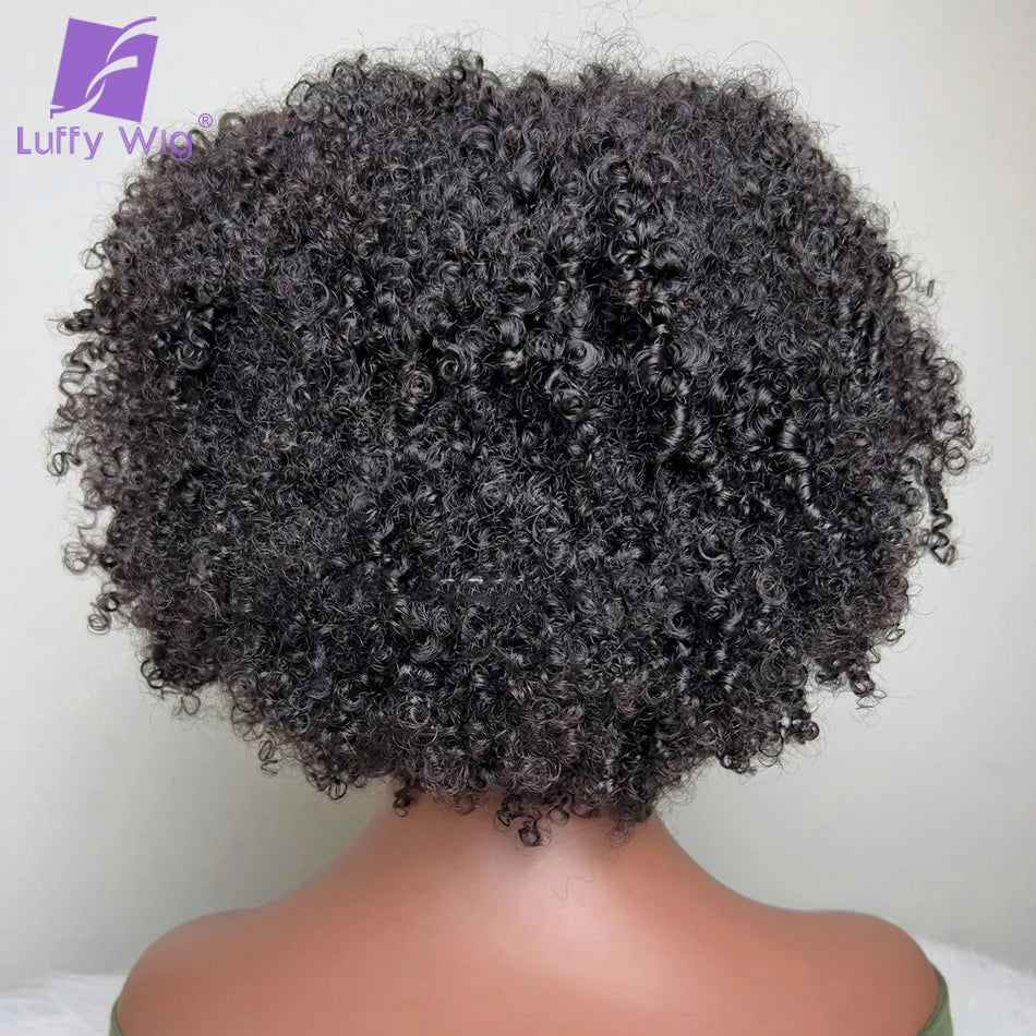 Short Pixie Cut Human Hair Wig With Bangs Brazilian Remy Afro Kinky Curly Bob Wig 180 Density Glueless For Black Women LuffY