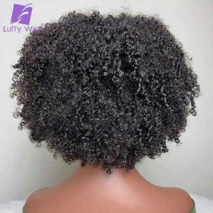 Short Pixie Cut Human Hair Wig With Bangs Brazilian Remy Afro Kinky Curly Bob Wig 180 Density Glueless For Black Women LuffY