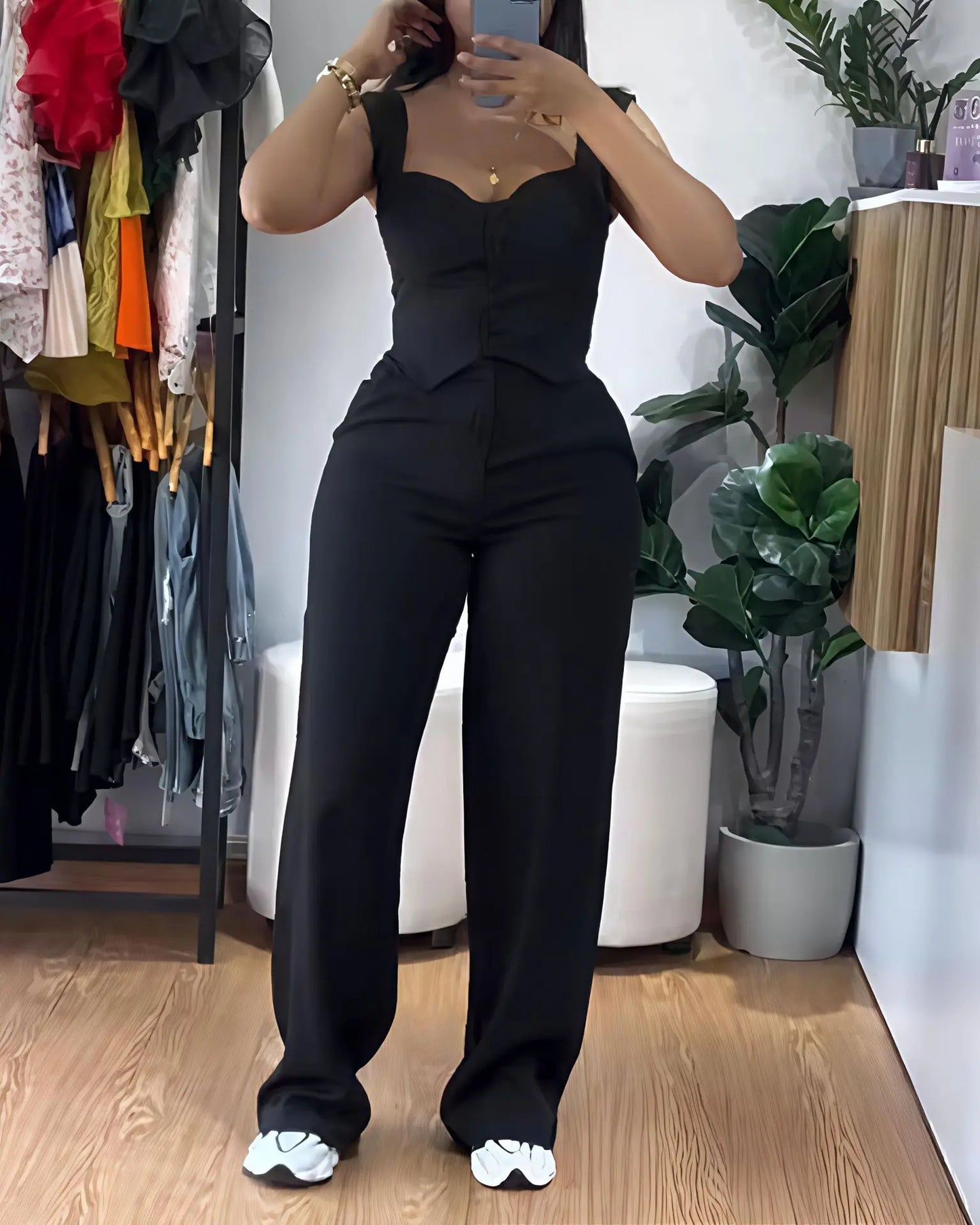 Chic Women Suit Y2k Sexy Two Piece Set Summer Sleeveless Slim Vest And Wide-leg Trouser Sets Elegant Solid Pants Women's Outfit