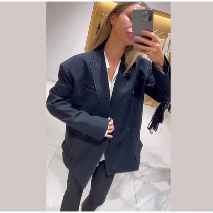 Casual Women's Blazer Pant Suits Loose Lapel Doube-Breasted Top Straight Pants Lady Set 2025 Autumn New 2 Pieces Sets Women Badiee Stylez