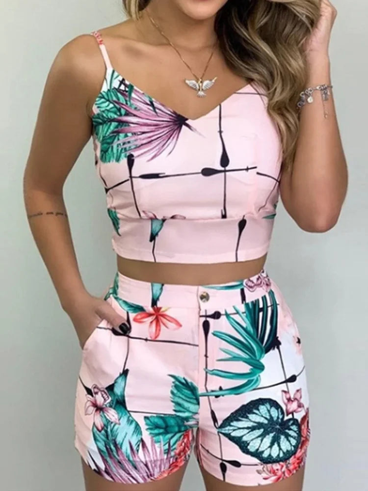 Print Spaghetti Strap Crop Top & Short Sets Casual Summer 2 Piece Outfits for Women Pink