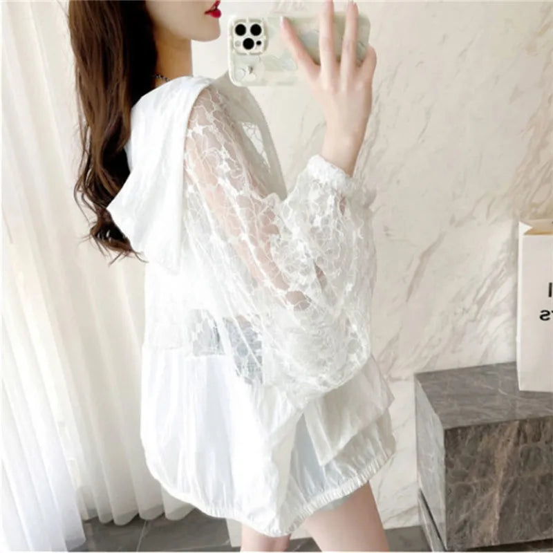 Fashion Lace Hollow Sun-Protective Clothes Women Hooded Coat New Summer Long Sleeve Cardigan Jacket Female Loose Outerwear G2498