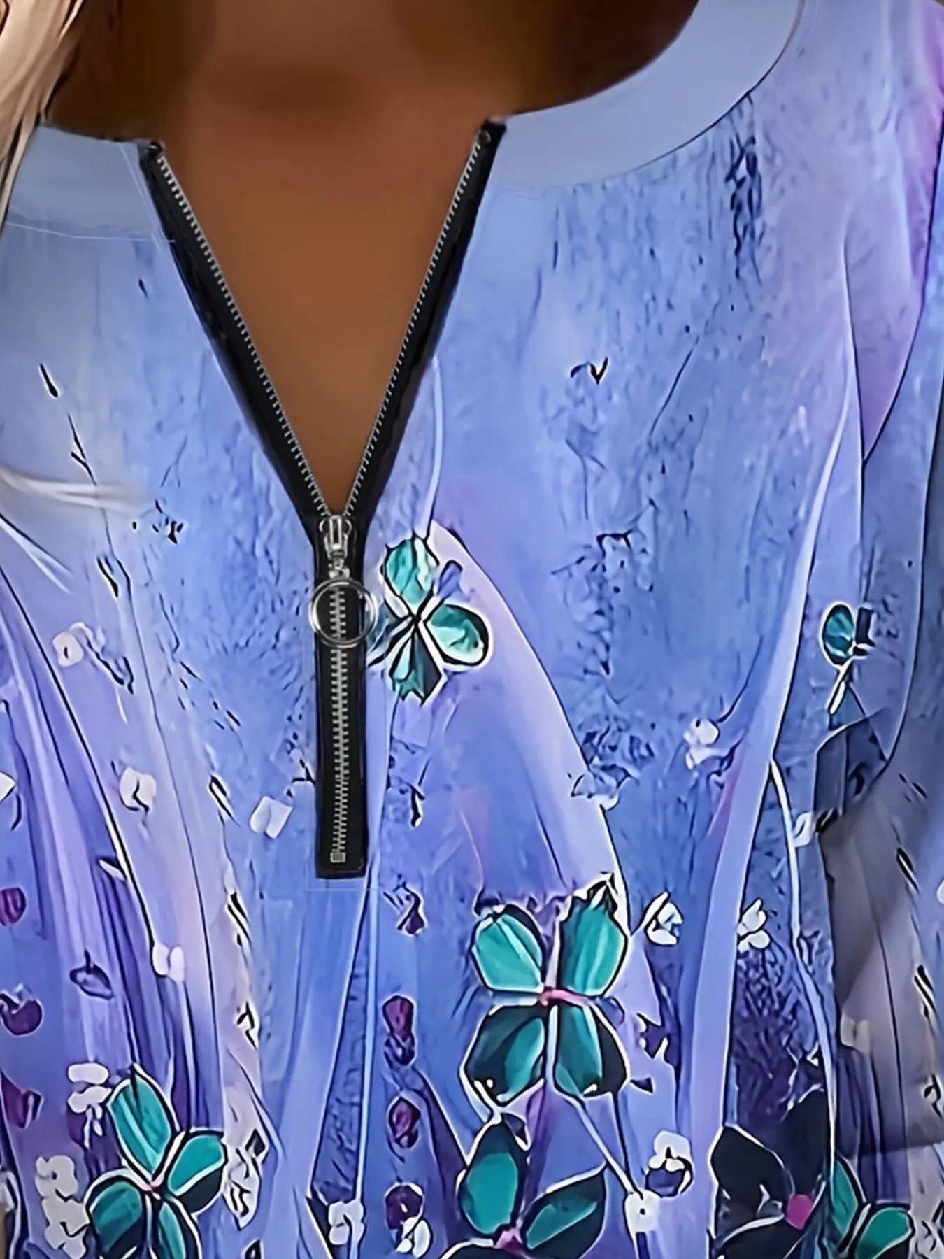 Plus Size Womens Woven Sweatshirt Purple Floral Print Fashion Style Zipper Neck Long Sleeve Top Loose Casual Wear For Spring Aut