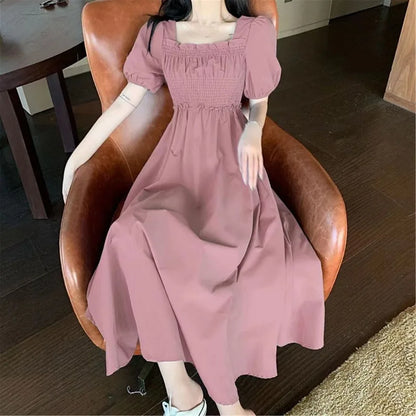 Summer Women Dress Pleated Shirring Square Neck Short Sleeve Bubble Sleeve Ladies Dress Solid Color Loose Hem Midi Dress Pink