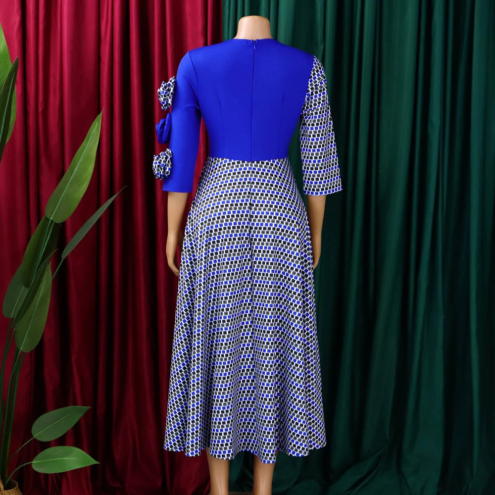Elegant Dresses for Women 2025 Fall Fashion African 3/4 Sleeve Party Birthday New Robe Chic 3D Flower Plaid Evening A-Line Dress Badiee Stylez