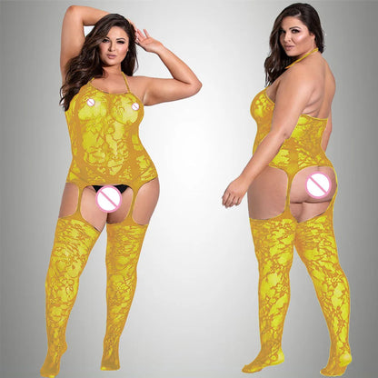 2024 New Plus Size Bodystocking Bodysuits For Women Sexy Fishnet Lingerie Babydoll Dress Porno Underwear Mesh Stockings For Sex yellow Bodystocking One Size
