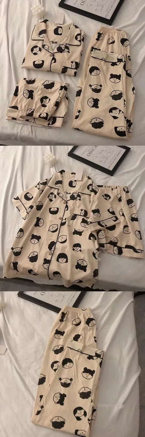 Three-Piece Set of Ladies Pajamas Short Sleeve Long Pants Student Loungewear Cartoon Cardigan Short Sleeve Shorts Cute Pajamas