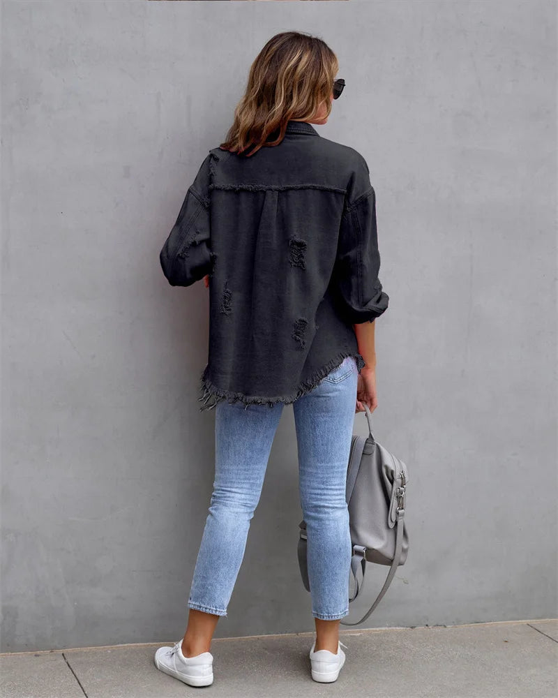 2025 Spring Autumn Shirt Style Denim Jacket Women Holes Raw-edges Jeancoat Casual Tops Female Oversize Loose Outerwear 7 Colors