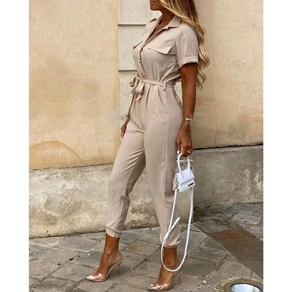 Women's Monochrome Jumpsuit 2024 Spring/Summer Comfortable Casual Flip Collar Printed Belt Work Dress Women's Jumpsuit