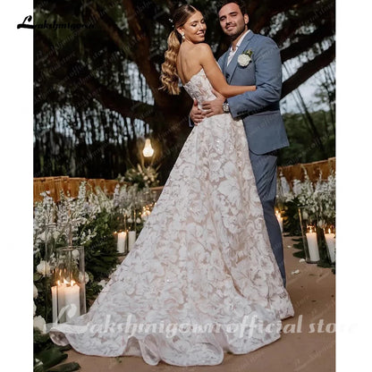 Lakshmigown Full Lace Strapless Wedding Dress Featuring Stunning Lace Appliques and Floral A-Line Bridal Dress Customized Badiee Stylez