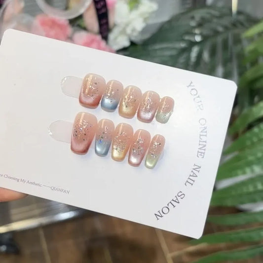 10pcs Handmade Fake Nails with Sticky Tabs Summer multicolor French Cat Eye Beautiful press on Nails Medium Short Stick-on Nails