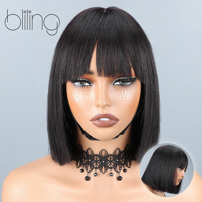 200% Human Hair Wig With Bang Natural Glueless Straight Layered Bob Hairstyle 1X13 Transparent Lace Black for Women 10 Inch Badiee Stylez