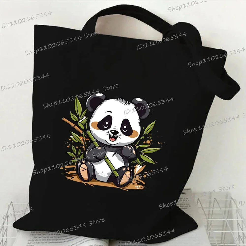 Canvas Bag for Women Cartoon Panda Printed Shopper Handbags Storage Reusable Canvas Shoulder Bag China Panda Female Tote Bag 3