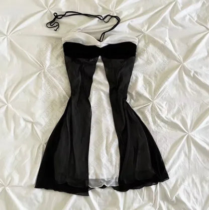 Sweet Korean Aesthetic Y2K Women Dress Classic Halter Bow Girl Tide Cute Sundress Casual Harajuku Vintage Slim Chic Frock Mini Fuchsia