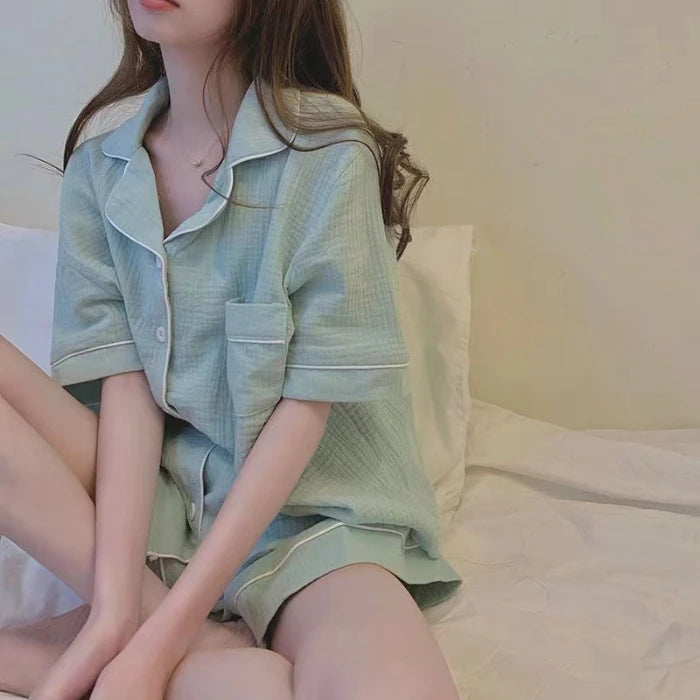 Summer Soft Cotton Linen Nightgown Women's ort Sve Home Clothes Two-Piece Set Cute Youth Polyester Fiber Thin Fabric 3148Green