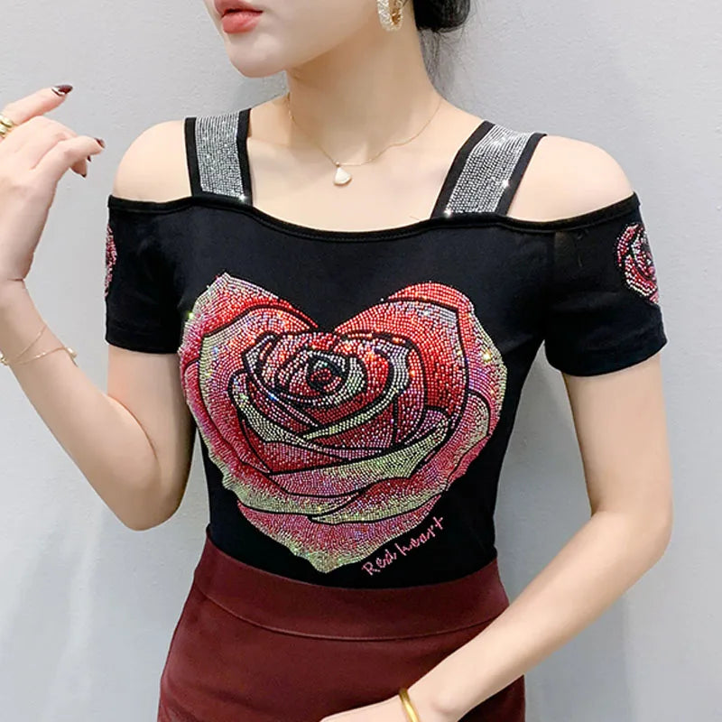 Aoxison Summer Short Sleeved Women's T-Shirt Elegant Slim Shiny Love Heart Diamonds Mesh Tops Chic Girl Sexy Off Shoulder Tees Black4