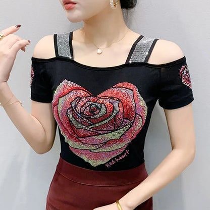 Aoxison Summer Short Sleeved Women's T-Shirt Elegant Slim Shiny Love Heart Diamonds Mesh Tops Chic Girl Sexy Off Shoulder Tees Black4