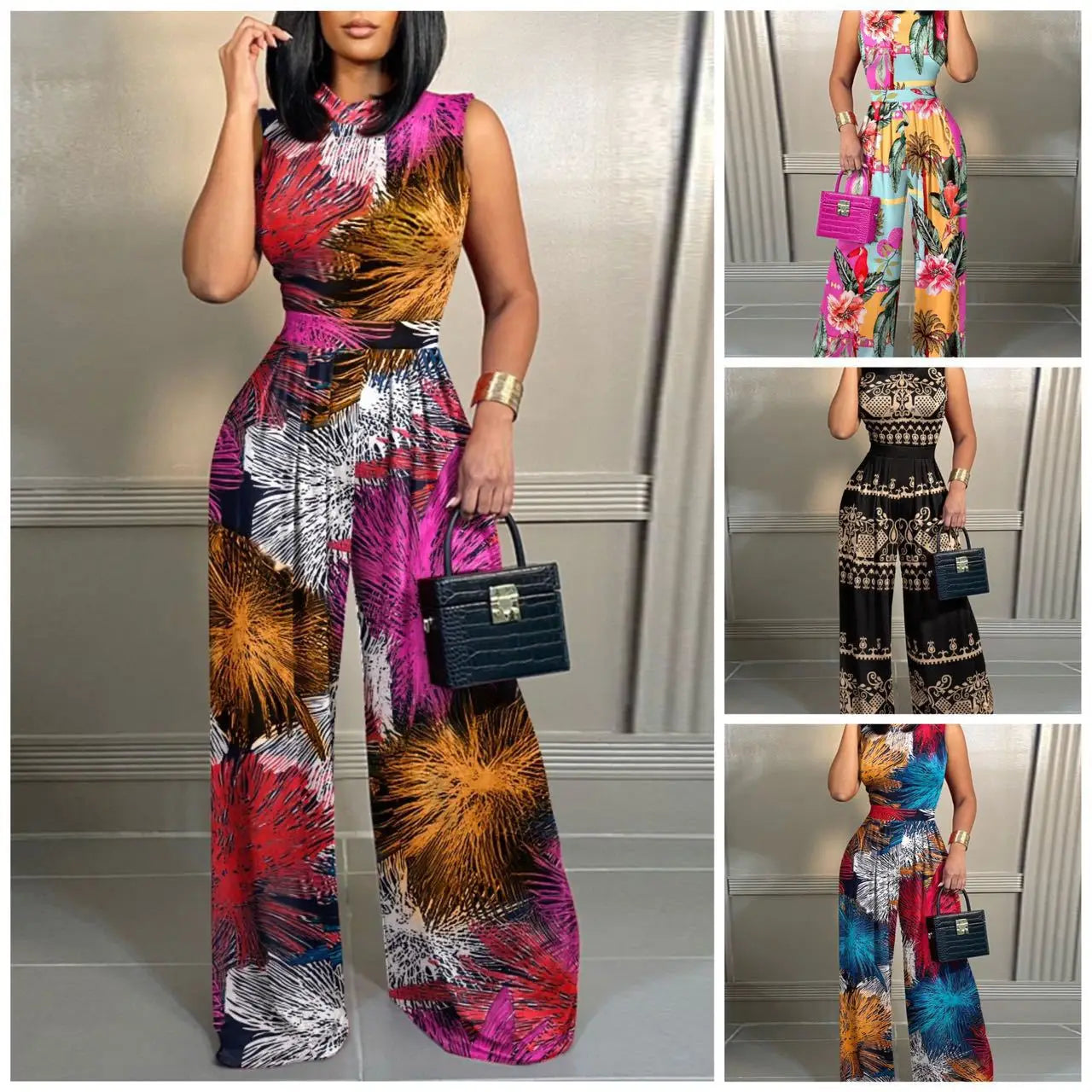 Elegant Women Wide Leg Long Juumpsuit 2024 Spring Summer Fashion Printed Sleeveless Casual Holiday Bodysuits Jumpsuits Trousers