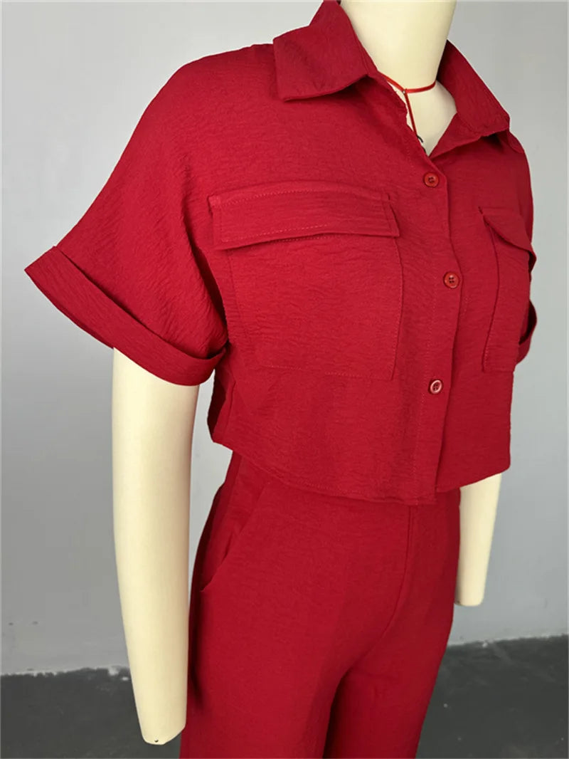 Women's Two-piece Set Spring Summer New Style Lapel Short-sleeved Shirt High Waist Wide Leg Trousers Casual Suit Women Clothing