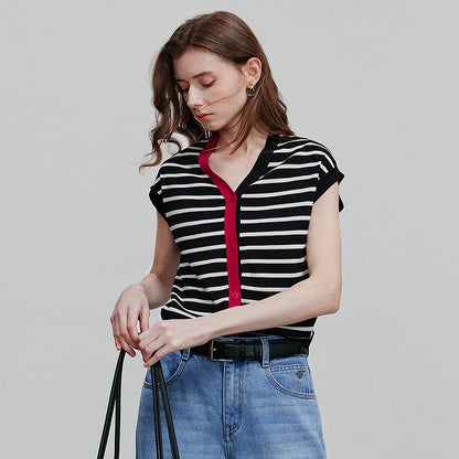 TOYOUTH Women Knitwear 2025 Summer New Short Sleeve Striped Contrast Color Pullover Tops 8523018