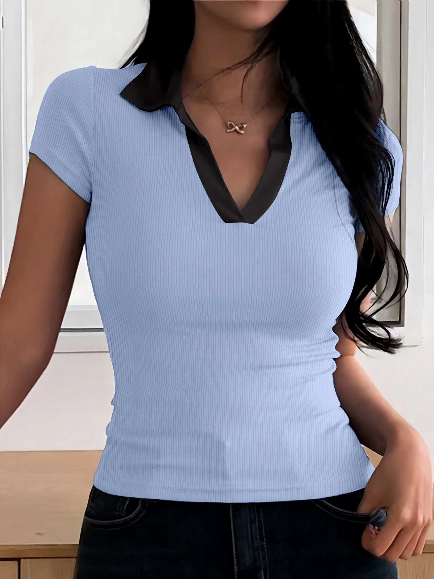 Summer Women's Color Collision POLO Shirt Slim Casual Solid Color Women's Tops Home Workwear V-neck Short-sleeved T-shirt Female Blue