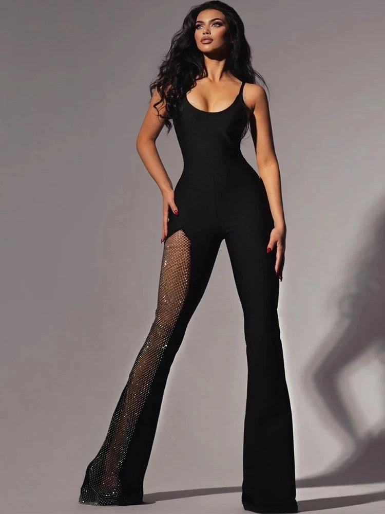 Kliou Shiny Silver Net Jumpsuit Women Fashion Patchwork Mesh Classic Style One Pieces Hipster Twinkle Sleeveless High Streetwear Badiee Stylez