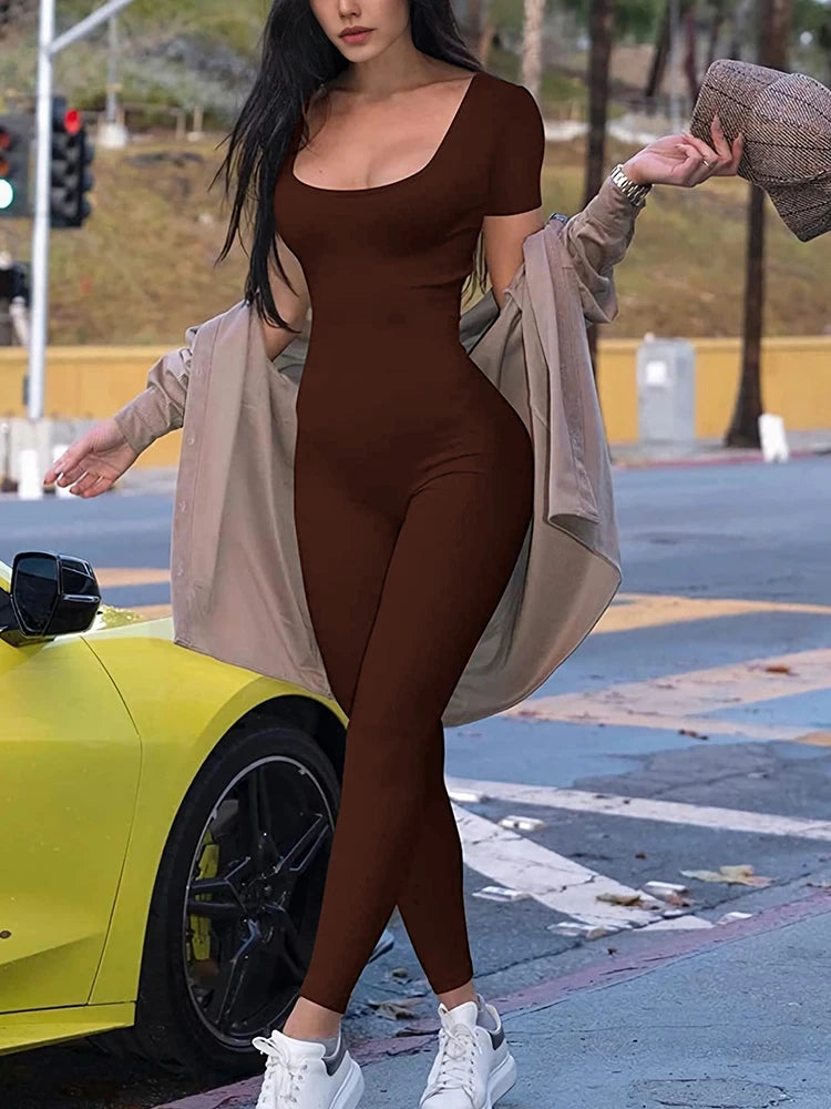Women's Rompers Short Sleeve Solid Skinny Bodycon Jumpsuits Fashion Sports Fitness Casual Activity Streetwear Overalls Coffee