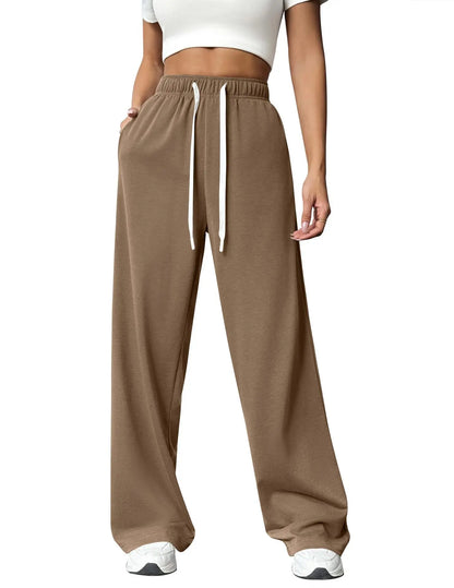 Casual Wide Leg Sports Pants for Women Casual Straight Leg Loose Solid Color Elastic Drawstring High Waisted Wide Leg Pants Khaki