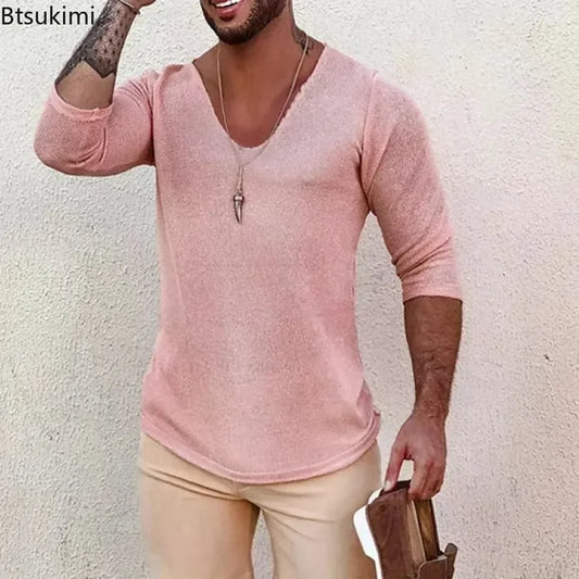 2025 Men's Casual Long Sleeve Kniited Sweaters Thin Style Mens Spring Autumn Clothing Solid V Neck Knitting Pullover Knit Tops Badiee Stylez