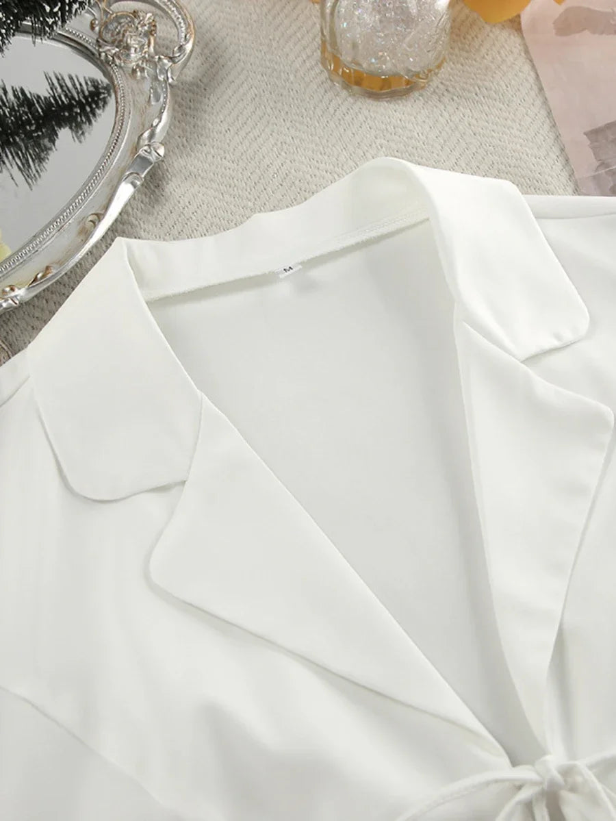 Mozuleva Women's Long Sleeved Lace Up Casual Shirt Pajamas Set Feather Sleeves Shorts Home Clothing Autumn Fashion 2-piece Set