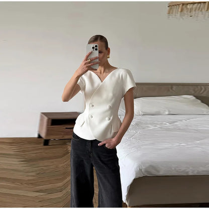 Elegant Short Sleeve Women's Top 2025 Summer Fashion V-neck Button Slim Office Lady Commuting Tops Street Solid Female Shirt