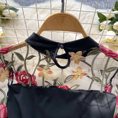 SINGREINY Vintage Embroidery Gauze Sexy Bodysuits Stand Collar Long Sleeve Playsuits Fashion Spliced Women Open crotch Rompers