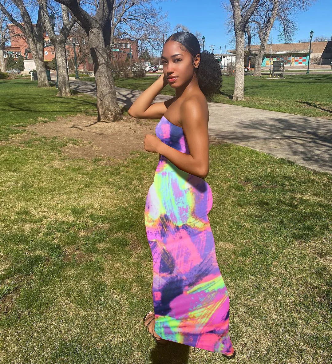 Spring And Summer Dresses For Women Chest Wrap Printed Off Shoulder Bandage Slim Sexy Long Dress 2023 New Fashion party MsChuh