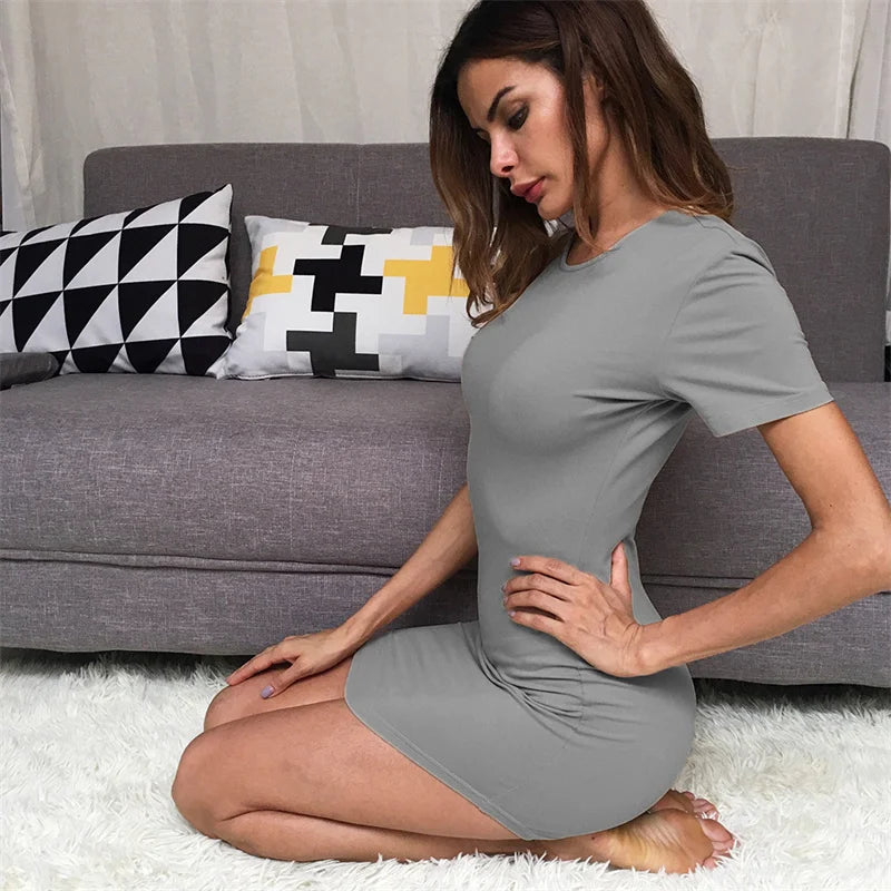 Summer Women Short Sleeve Dresses Ladies Solid Color O-Neck Bodycon Stretch Slim Mini Dress Vestidos QT035