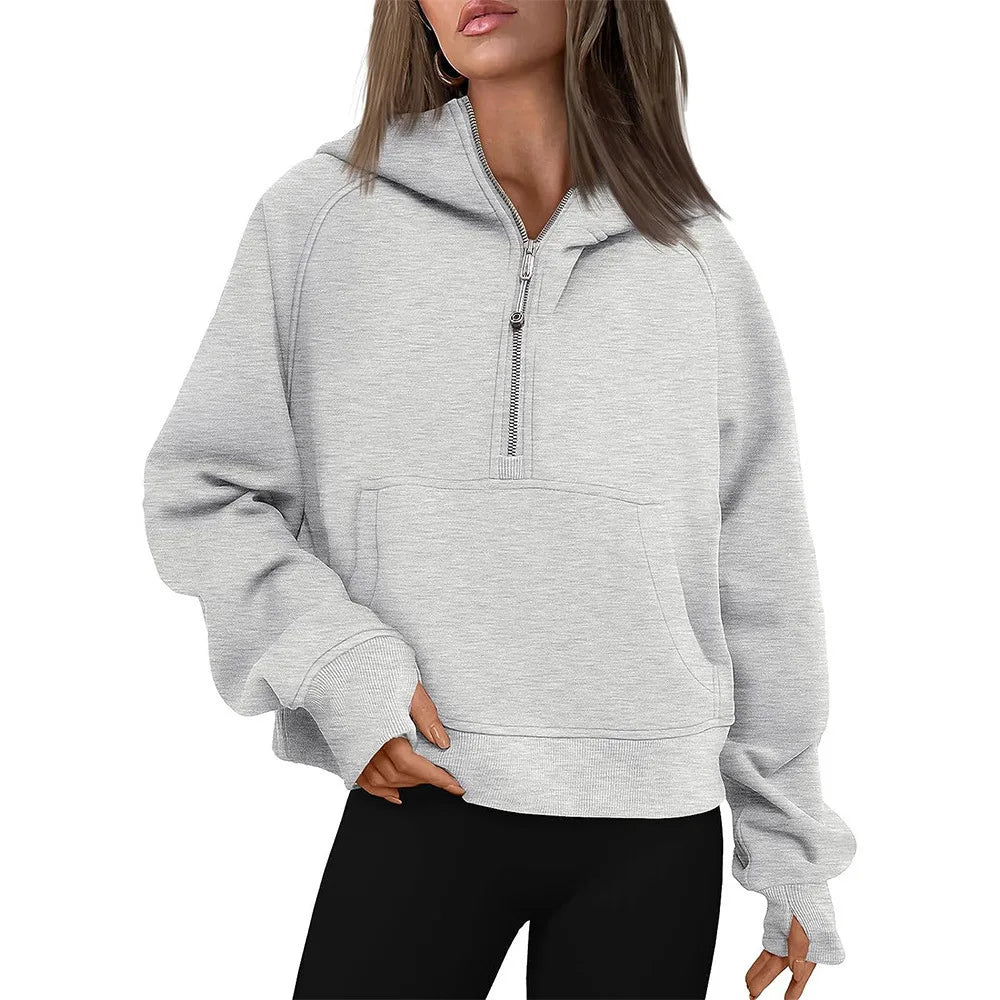 Half Zip Sweatshirts Cropped Hoodies Fleece Womens Quarter Zip Up Pullover Sweaters Fall Outfits 2024 Winter Clothes Light gray