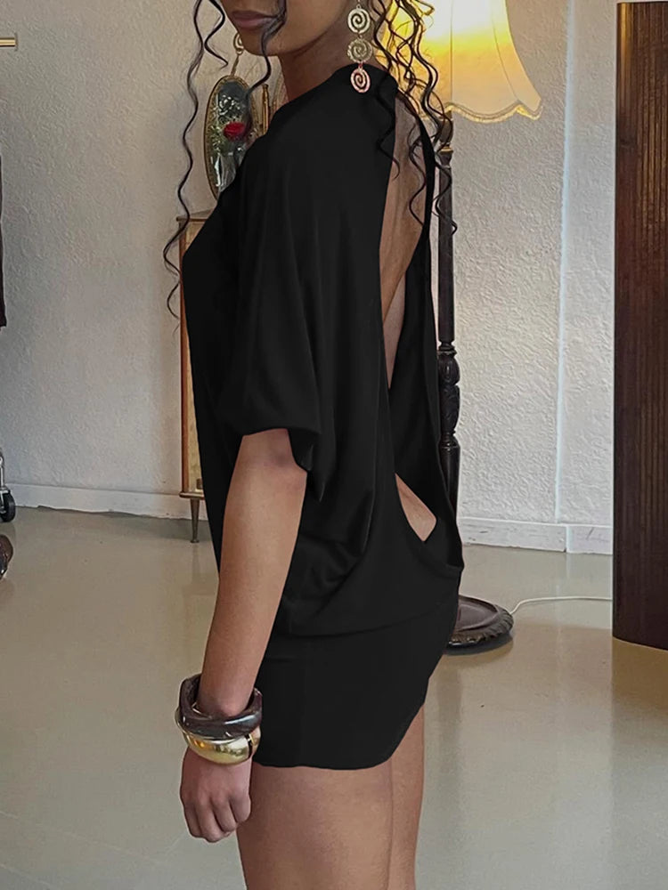 Cutenew Solid Backless Women Mini Dress Trend Summer Sexy Chic Half Sleeve Crew Neck Body-shaping Frock Mujer Simple Party Wear