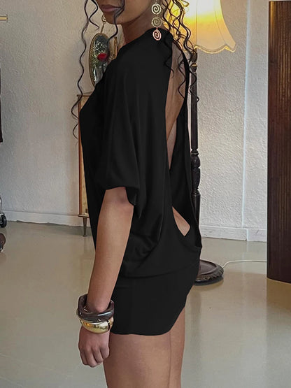 Cutenew Solid Backless Women Mini Dress Trend Summer Sexy Chic Half Sleeve Crew Neck Body-shaping Frock Mujer Simple Party Wear