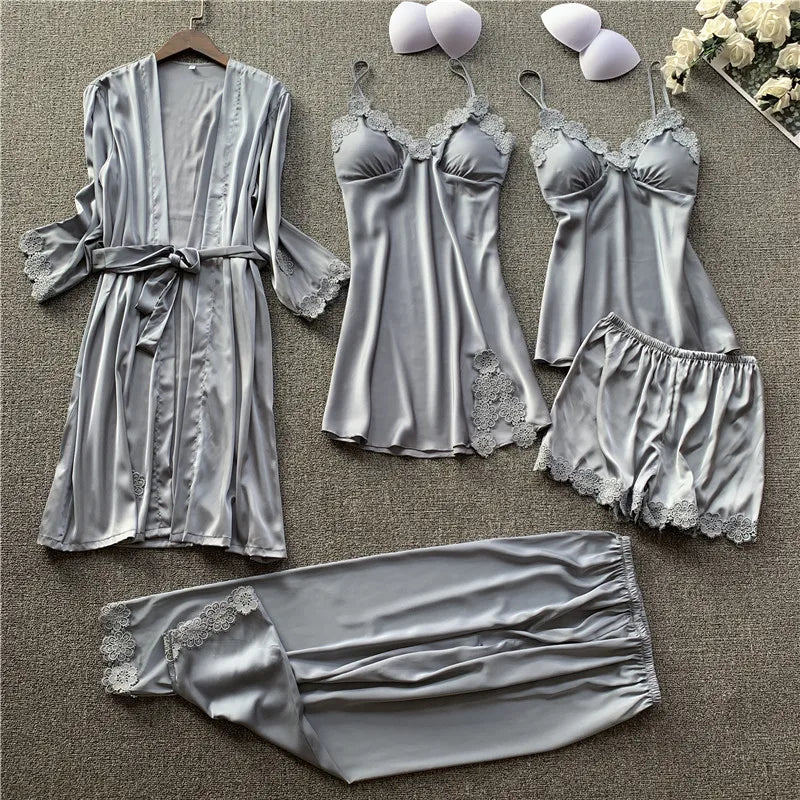 Pajamas Five Piece Set Sexy Lace Trim Nightgown Nightwear Spring Summer Women Bath Robe Loose Silk Satin Home Wear Pijamas Suit