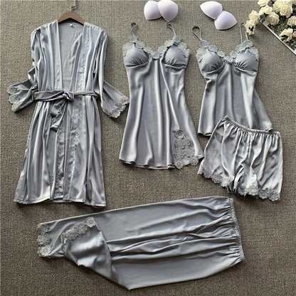 Pajamas Five Piece Set Sexy Lace Trim Nightgown Nightwear Spring Summer Women Bath Robe Loose Silk Satin Home Wear Pijamas Suit