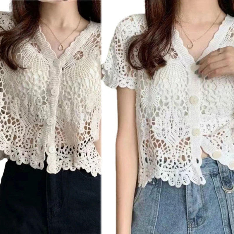 Women French Style Short Sleeve Lace Shrug Hollow Out Crochet Knit Cardigan V-Neck Button Down Sheer Crop for Jac