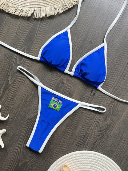 RUOTONSEPT Sexy Embroidery Brasil Flag Contrast Split Bikini Set Women Swimwear Patchwork Swimsuit Hottie Outfit SummerBeachwear RT2530