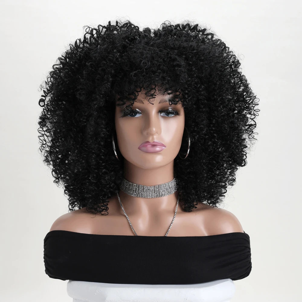 16 Inch Afro Kinky Curly Hair Wigs With Bangs Soft Fluffy Synthetic Fiber None Lace Wigs For Party Cosplay Daily Use Badiee Stylez