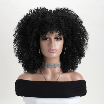 16 Inch Afro Kinky Curly Hair Wigs With Bangs Soft Fluffy Synthetic Fiber None Lace Wigs For Party Cosplay Daily Use Badiee Stylez