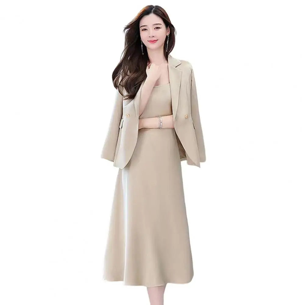 2Pcs/Set Summer Women Suit Dress Outfit Solid Color Mid-length Lady Dress Sets Light Luxury Commute Sling Dress Coat Set Champagne