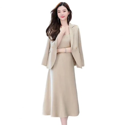 2Pcs/Set Summer Women Suit Dress Outfit Solid Color Mid-length Lady Dress Sets Light Luxury Commute Sling Dress Coat Set Champagne