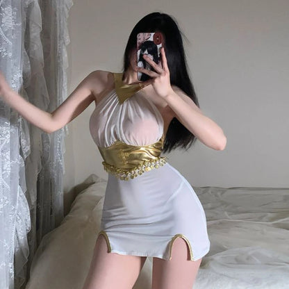 Egyptian Goddess Sexy See Through Uniform Cosplay Costume Mini Nightdress Underwear Girl Role play Halter Backless Lingerie